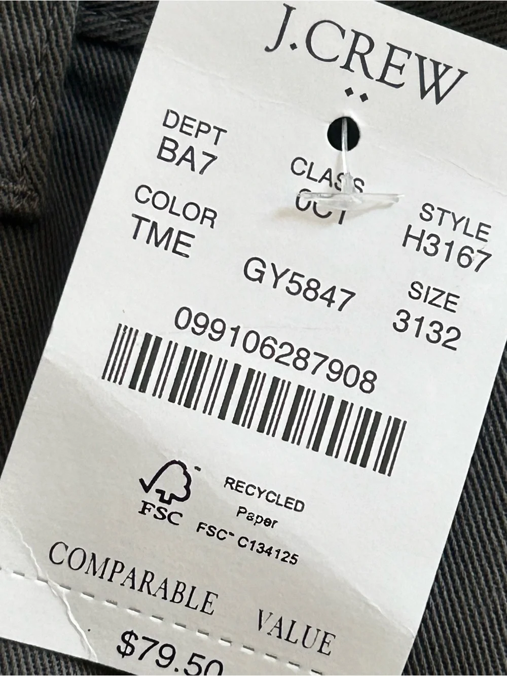 J. Crew Flex Men's Dark Gray Chino Pants - Classic Slim Straight Fit NWT 31/32